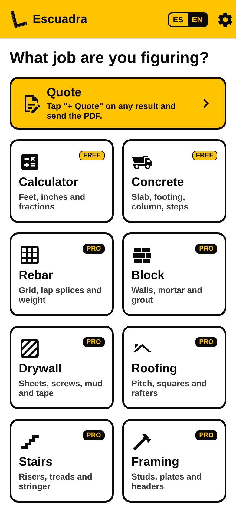 Escuadra home screen with the jobs